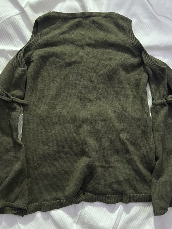 American Eagle Outfitters Olive Green Crewneck Sweater Off Shoulder Bell Sleeve - Picture 6 of 6